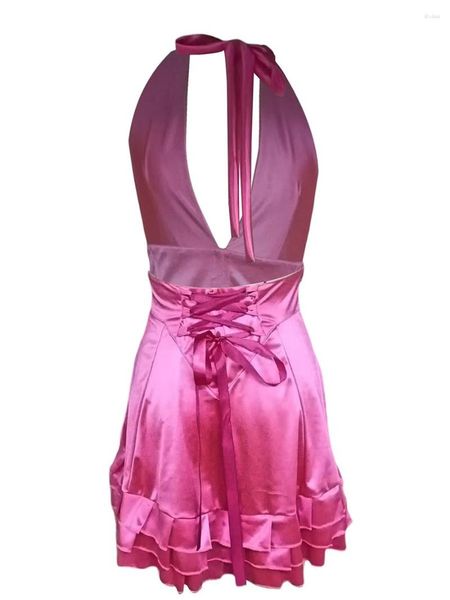 Vestidos Casuales Mujeres S Verano Mini Vestido Corto Espalda Abierta Cuello En V Halter Sin Respaldo Sexy Fiesta Con Volantes En Niveles Rosy Red Evening Clubwear