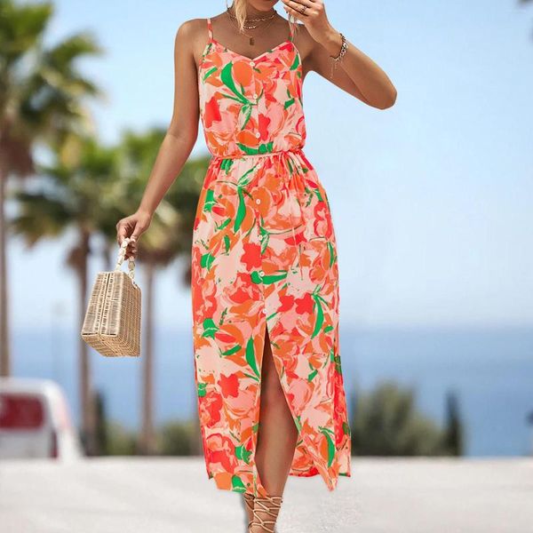 Vestidos casuales Mujer Verano Sin mangas Estampado de flores Swing Vestido de manga larga Mujer joven Damas