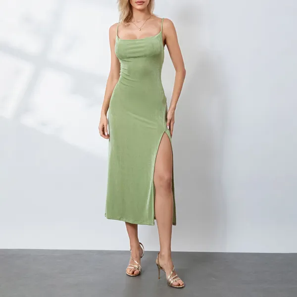 Vestidos casuales vestidos de verano para mujeres sólido spaghetti correa sexy muslo sin espalda hendidura delgada