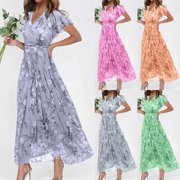 Vestidos casuales Summer's Summer's Sume Vollo V Neck Flowy Ruffle Sweep Slim Type Daily Dress Ropa de Mujer