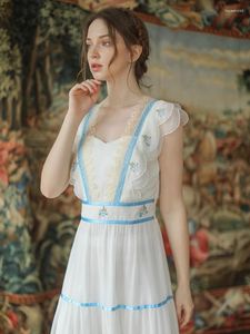 Casual jurken dames zomerdress origineel design vintage elegante cross -geborduurde jurk zoete mori meisje kanten wit chiffon lang