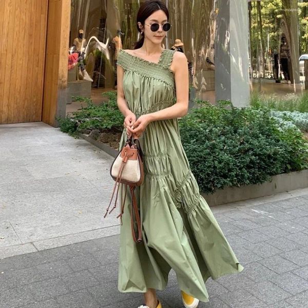 Robes décontractées d'été féminine vintage de robe de réservoirs longs irréguliers Coton sans manches élégantes élastiques maxi maxi 2024 Corée