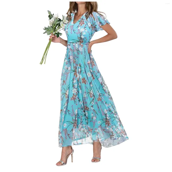 Robes décontractées Swing pour femmes Longue robe en mousseline de mousseline florale à manches courtes à manches courtes V taille flore