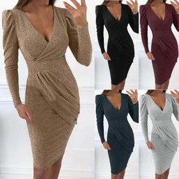 Robes décontractées Tempérament des femmes manches à bulles longue fête mode sexy coupe slim col en V paquet robe de hanche cocktail