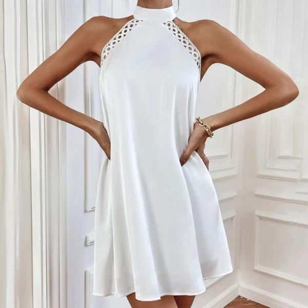 Vestidos casuales Mujeres Temperamento Vestido blanco Verano Sexy Escote halter Costura de encaje para invitados de boda Vestido Blanco