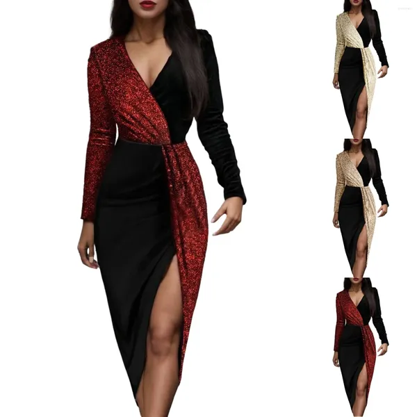 Robes décontractées Deux couleurs pour femmes Noir et Or Style national Taille haute Tempérament solide Jupe mi-longue Robe à manches longues