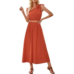 Vestidos casuales Conjunto de dos piezas para mujer con color sólido Inclinado Hombro Cintura Vestidos Para Mujer Elegantes Y Bonitos Top y falda