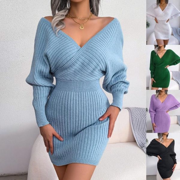 Robes décontractées pour femmes, col en V, robe pull en tricot torsadé, manches longues, moulante, mi-longue