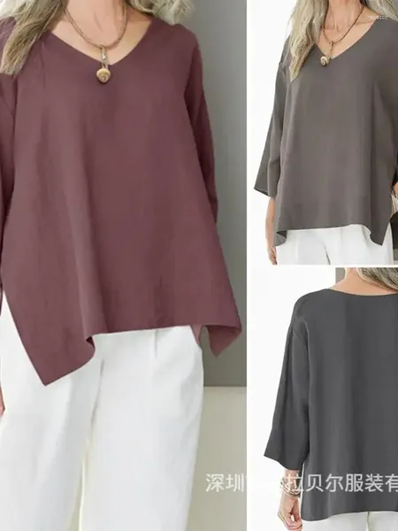 Vestidos casuales Camisa de lino de algodón con cuello en V para mujer Top con mangas de un cuarto Ranuras laterales Camiseta grande de ajuste suelto