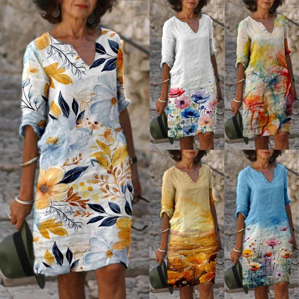 Robes décontractées Femmes Col V Élégant Rétro Imprimé Floral Robe À Manches Moyennes Droite Grande Taille Lâche Robe D'été
