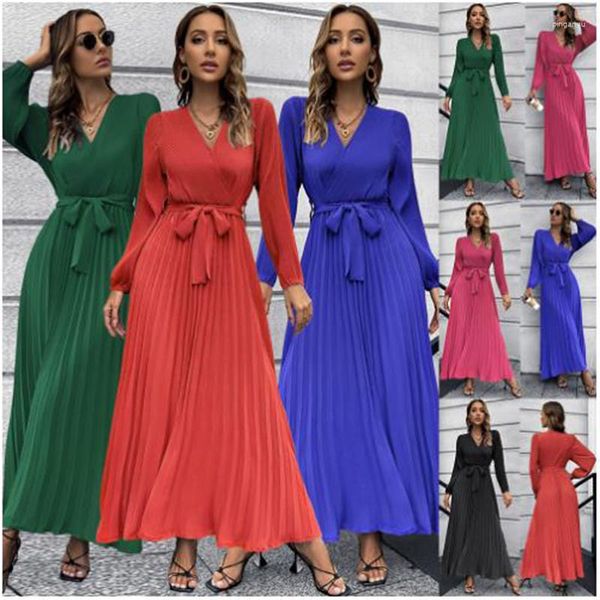 Vestidos casuales de las mujeres con cuello en V de manga larga plisada falda acampanada de longitud media Accpet Factory OEM / ODM Drop Fashion Clothes Dress S-2XL