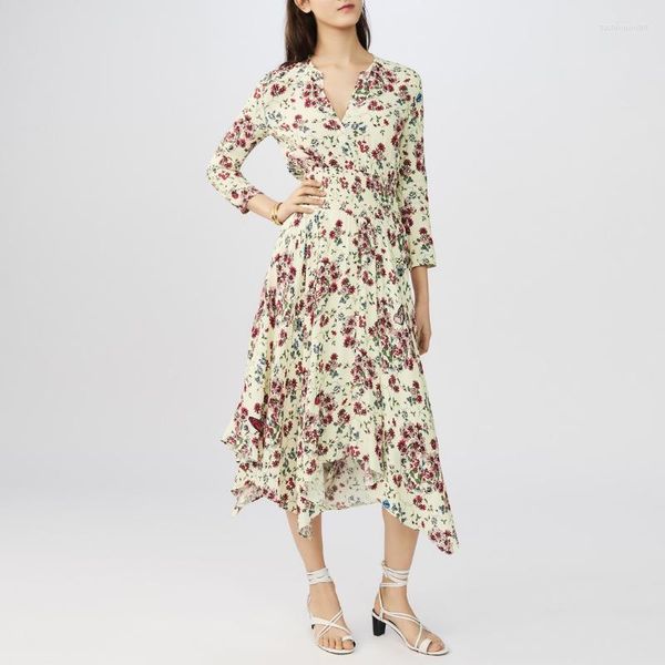 Vestidos casuales Vestido Midi con cuello en V para mujer 2023 Dobladillo con estampado de flores francesas Irregular Media manga Cintura para mujer Vestido elegante ajustado