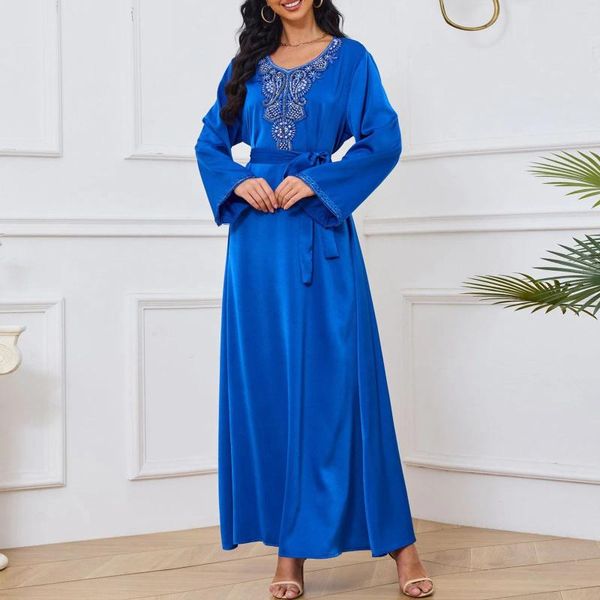 Robes décontractées Robe longue musulmane à col en V pour femmes Couleur bloquée à manches perlées Slim Fit Belle pour dames