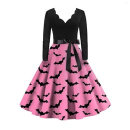 Robes décontractées Femmes Vintage Classic Robe à manches longues Halloween Black Big Swing Robe Femme Gothic Bat Imprimer Vacances