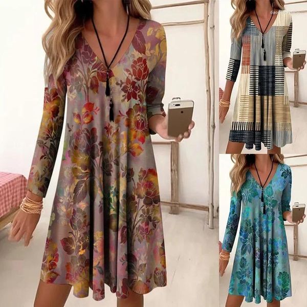 Vestidos casuales Mujer Vintage Impresión 2024 Primavera Otoño Playa V Cuello Manga larga suelta A-Line Vestido Robe Ropa femenina 3XL