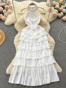 Casual jurken dames witte elegante verjaardagsfeestje cake prinses jurk zomer Franse vakantie halter ruches rand geplooide lange mode
