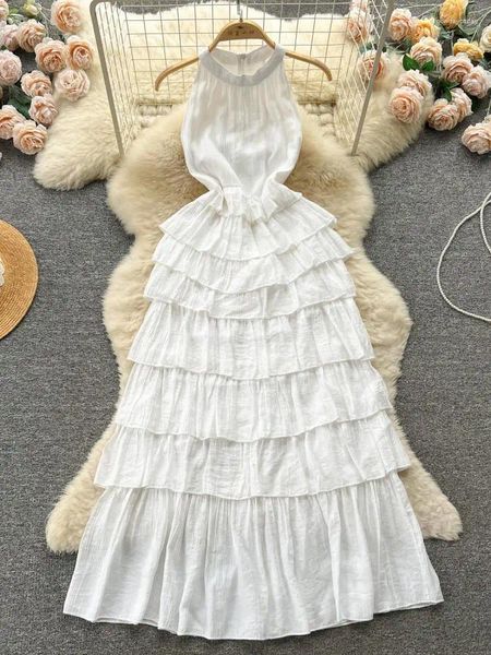 Robes décontractées de fête de fête d'anniversaire élégante blanche pour femmes robe de princesse d'été Halte de vacances en français Rouffle Edge plissée Longue mode