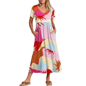 Casual jurken dames met zakken vloeiende maxi rok v nek korte mouw zomerjurk modieuze kleding