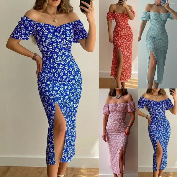 Vestidos casuales Nalgas envolventes para mujer con cuello de una línea con abertura Vestido de estilo floral clásico Trabajo