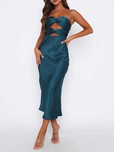 Vestidos casuales Mujeres Wrap Chest Bodycon Color sólido HollowOut Strapless Cross TieUp Vendaje Backless Party Club Midi Satin Dress Z0612