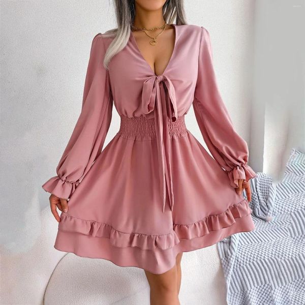 Robes décontractées Femmes Wrap Col V Moulante Mini Robe Puff Manches Longues Ruché Asymétrique Hem Party Court Midi Robes Mujer Robes