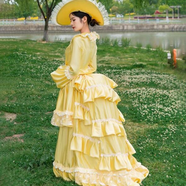 Vestidos casuales Vestido de novia victoriano amarillo de las mujeres Traje de noche eduardiano renacentista