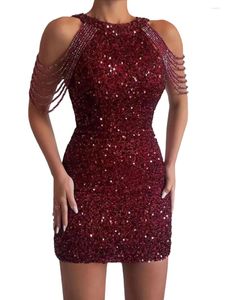 Robes décontractées Femmes Paillettes Bodycon Mini Robe Ruchée Métallique Brillant Low-Cut Dos Sans Manches Col Ras Du Cou Paillettes Soirée À Glands