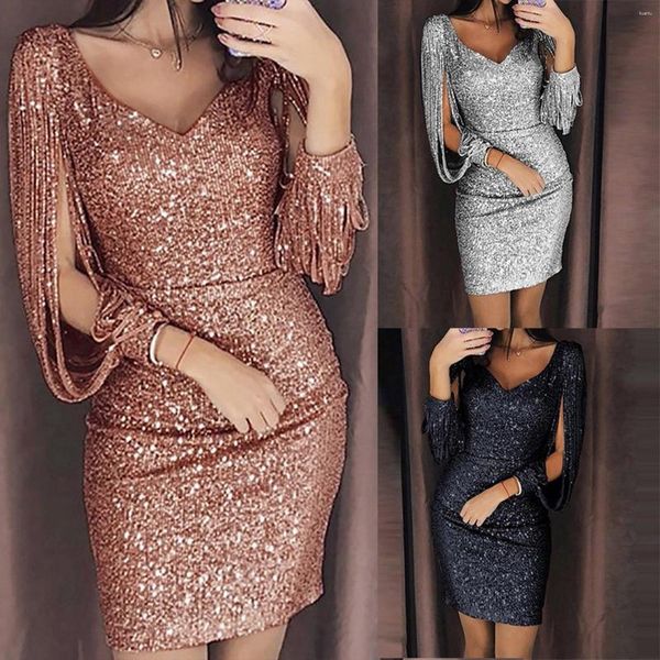 Vestidos casuales Mujeres Vestido de lentejuelas Glitter Sparkle Sexy Escote en V profundo Corto por encima de la rodilla Manga larga Borla Ropa de club nocturno