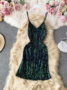 Robes décontractées Femmes Robe à paillettes Chic Sexy Night Club Strap Summer Super Brillant Sans manches O-Cou Beach Ins SP061