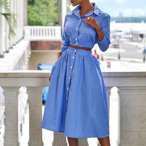 Robes décontractées Ensembles de vêtements pour femmes Tenues Hauts et robe d'été Col rabattu pour femmes Chemisier rayé Jupes Costume 2 pièces