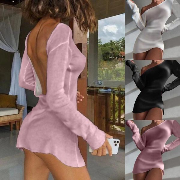 Robes décontractées Femmes Sexy Dos Nu Robe À Manches Longues Fête Rencontres Slim Fit Midi Mignon Filles Été Solide O Cou Pour