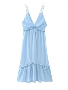 Vestidos casuales Mujeres Sexy Sin espalda Cuello en V Azul Sling Vestido Sin mangas Mujer Vacaciones Verano Vestido Midi Robe