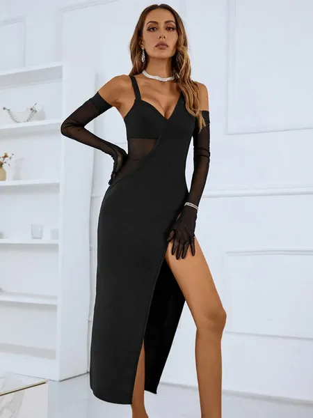 Robes décontractées Femmes Sexy Robe de soirée noire avec des gants Spaghetti Strap Col V Jambe ouverte Midi Veau Mesh Bandage Patchwork Robes de bal