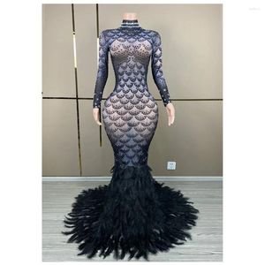 Vestidos casuales mujeres sexy cristal diamante plume malla transparente cola negra maxi vestido elegante de cumpleaños