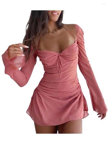 Vestidos casuales Mujeres Sexy Cut Out Mini Vestido Adulto Color Sólido Manga larga Fuera del hombro Cordón Plisado Halter Cuello