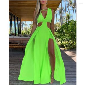 Robes décontractées femmes Sexy découpe sans manches cuisse col en V fente Maxi robe élégante mode taille haute Corset évider longue fête