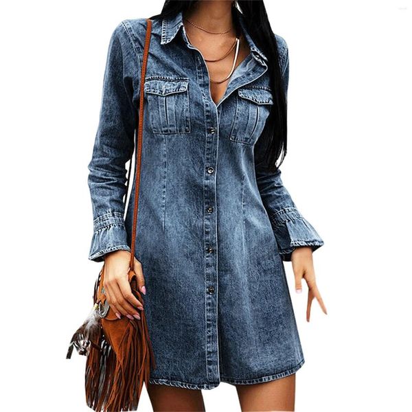 Robes décontractées Femmes Sexy Denim Robe avec poche Jean Fashion Couleur solide Chic Club Party Mini