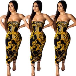 Vrouwen Sexy Mode Gouden Ketting Print Jurken Mouwloze Bodycon Woord Kraag Backless Jurk Vestidos De Verano