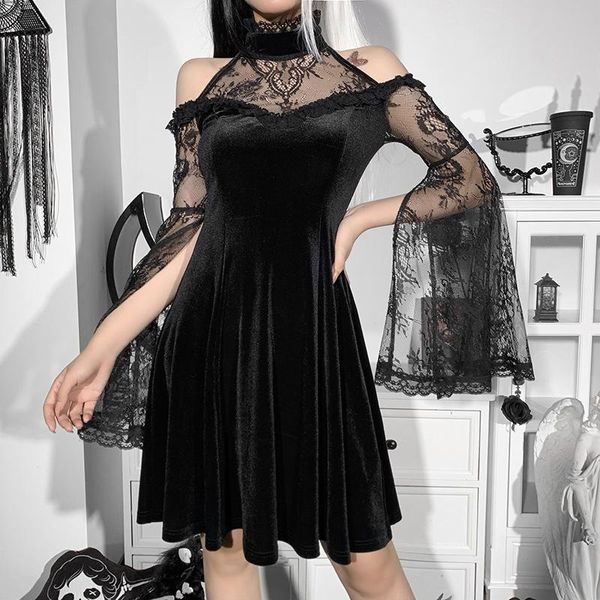 Vestidos casuales Mujer Estilo gótico sexy Hombro frío Cuello alto alto Flare Encaje largo Manga transparente Una línea Vestido de terciopelo midi VestidosCas