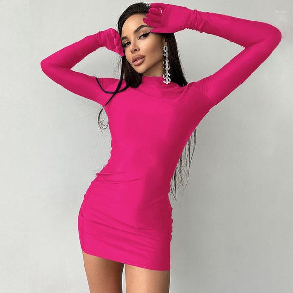 Robes décontractées Femmes Sexy Hip Bodycon Mini Robe Gants à manches longues Col rond Skinny Stretchy Rave Party Clubwear 2023 Automne Streetwear