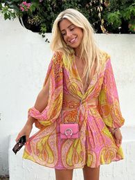 Robes décontractées Femmes Sexy évider imprimé robe courte dame élégante à manches longues bas col en V jupe bohême style été fête streetwear 220829