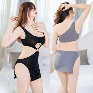 Vestidos casuales Mujeres lencería sexy alto elástico ahueca hacia fuera asimétrico un hombro lado abierto mini vestido con tanga traje erótico club desgaste