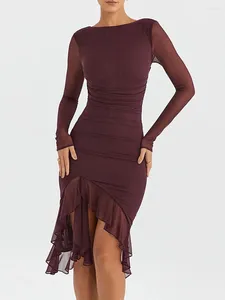 Casual Jurken Dames Sexy Lange Mouw Midi Bodycon Cocktailjurk Onregelmatige Mesh Ruffle Franje Zoom Zeemeermin Lente