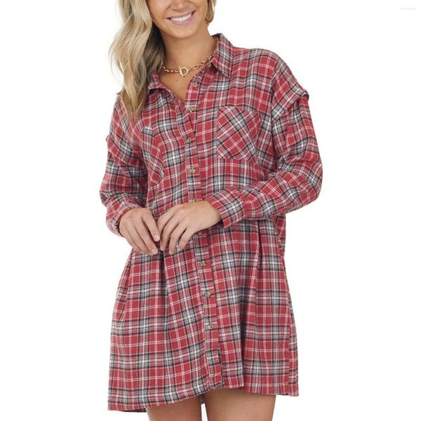 Robes décontractées Femmes Sexy Manches longues Plaid Imprimer Mode Bouton Chemise Robe de fête Pâques pour les filles juniors