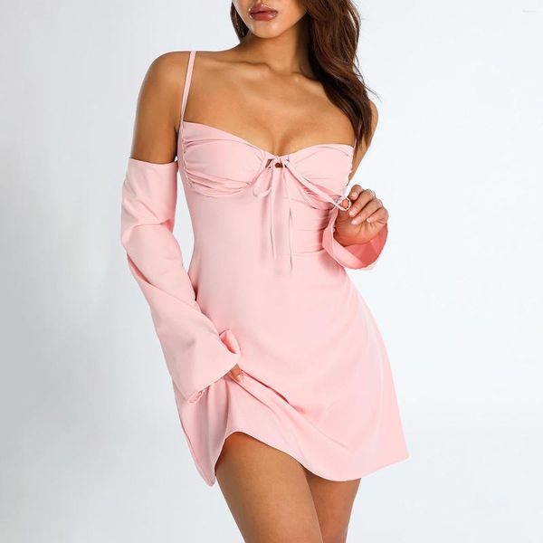 Robes décontractées Femmes Sexy Hors-épaule Halter Mini Robe Printemps Eté Flare Manches Longues Ruché Coupe Basse Laçage Partie Dos Nu Robes