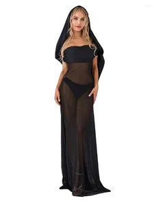 Robes décontractées femmes sexy maille transparente voir à travers la robe de superposition Y2k épaule froncée à capuche longue cocktail plage