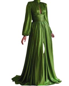 Robes décontractées Femmes Sexy Brillant Olive Vert Boho Robe Printemps Automne Manches Longues Soirée Élégante Maxi Slit Big Swing Robes FormellesCas