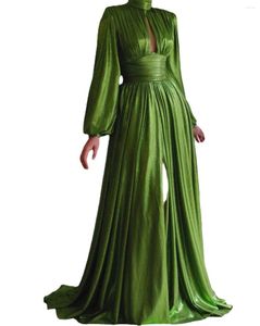 Casual jurken vrouwen sexy glanzende olijfgroen boho jurk lente herfst lange mouw avondfeestje elegante maxi spleet grote swing formeel