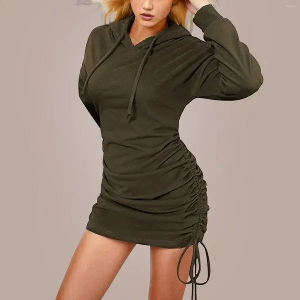 Robes décontractées femmes sexy slim slim manches longues cordon de serrage pull à capuche sweat-shirt robe couleur unie courte