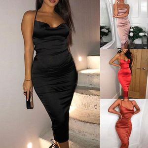 Casual jurken vrouwen sexy mouwloze halter bodycon satijn midi lange jurk criss-cross bandage backless imperium taille cocktail clubkleding